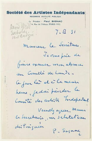 Lettre autographe signée Paul Signac à Jean Sergent, 7 février 1931