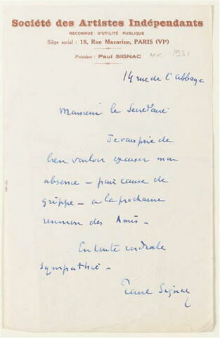 Lettre autographe signée Paul Signac à Jean Sergent, 14 rue de l'Abbaye