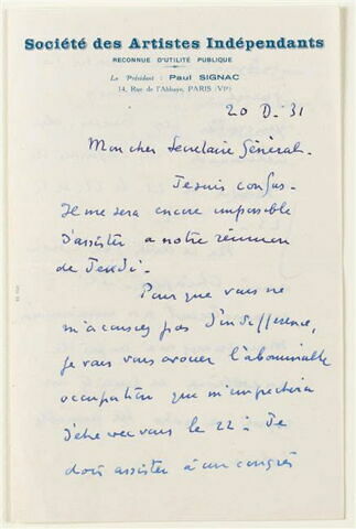 Lettre autographe signée Paul Signac au secrétaire général de la Société des Amis d'Eugène Delacroix 20 décembre 1931