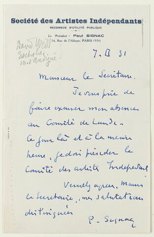 Lettre autographe signée Paul Signac à Jean Sergent, 14 rue de l'Abbaye