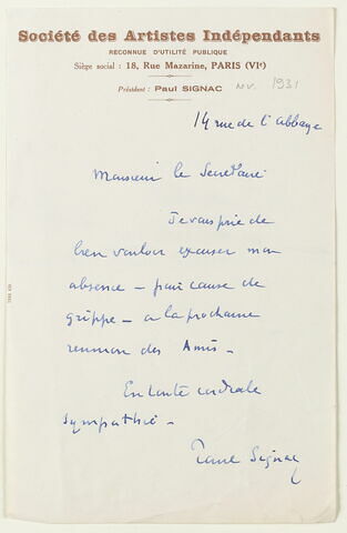 Lettre autographe signée Paul Signac à Raymond Escholier (?), 15 avril 1932