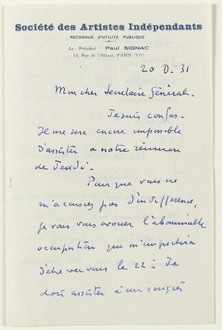 Lettre autographe signée Paul Signac à Jean Sergent, 19 mars