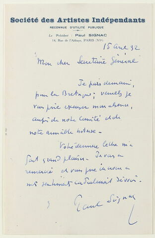 Carte postale adressée à un membre du bureau de la Société des Amis d'Eugène Delacroix