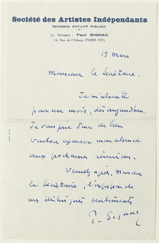Lettre autographe signée Paul Jamot à Jean Sergent (?), 31 octobre 1933