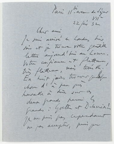 Lettre autographe signée Paul Jamot à un membre du bureau de la Société des Amis d'Eugène Delacroix, 22 février 1932, image 1/2
