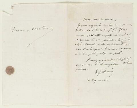 Lettre autographe signée Delacroix à Augustin Varcollier, 29 août