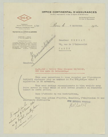 LS Office continental d'assurance à M. Henrat, 7 novembre 1939, image 1/2