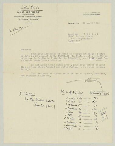 LS M. Henrat à Charles Fegdal, 29 avril 1942