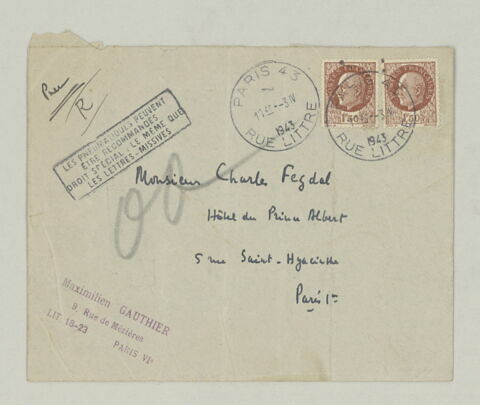 Enveloppe du BAS Maximilien Gautier à Charles Fegdal, 5 avril 1943