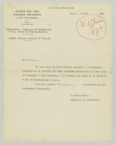 Convocation signée comtesse de Waresquiel à l'assemblée générale, le vendredi 4 juin 1943, image 1/1
