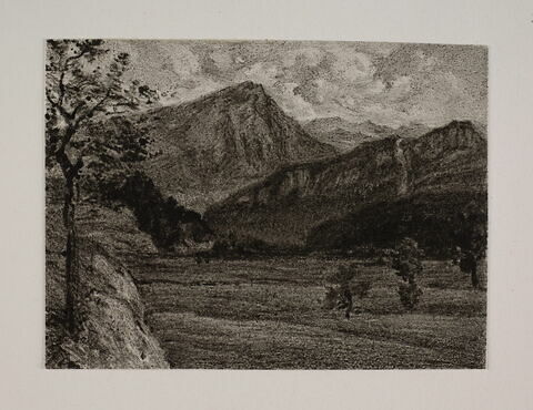 Album du "Voyage en Suisse". 1864, d'après Constant DUTILLEUX- Paysage de la vallée avec montagnes dans le fond