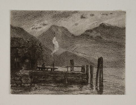 Album du "Voyage en Suisse". 1864, d'après Constant DUTILLEUX-Lac avec un ponton bordé de montagnes