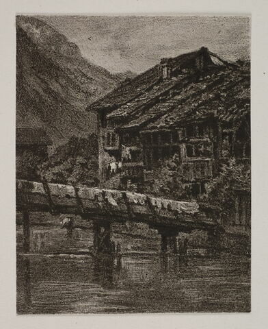 Album du "Voyage en Suisse". 1864, d'après Constant DUTILLEUX- Maison au bord d'un lac, derrière des montagnes