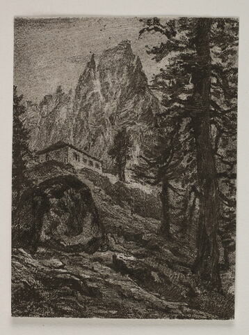 Album du "Voyage en Suisse". 1864, d'après Constant - Paysage de montagne avec maison à flanc de rocher