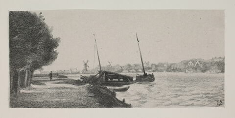 Album du "Voyage en Hollande". 1854, d'après Constant DUTILLEUX- Les bords de l'Amstel avec des bateaux à quai