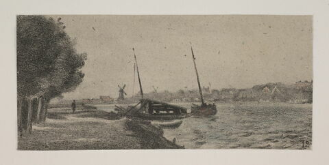 Album du "Voyage en Hollande". 1854, d'après Constant DUTILLEUX- Les bords de l'Amstel avec des bateaux à quai