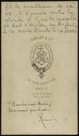 Portrait-carte de Raymond X, gendre d'Emile Lassalle, dédicacé à Marie Lassalle