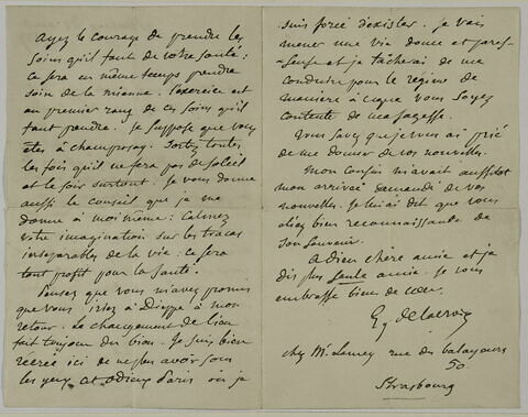 Lettre autographe signée d'Eugène Delacroix à Jenny le Guillou, Strasbourg, 21 août 1859, image 1/2