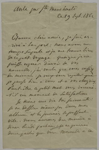 Lettre autographe signée d'Eugène Delacroix à Jenny le Guillou, Ante par Sainte-Menehoulde,19 septembre 1862, image 2/2