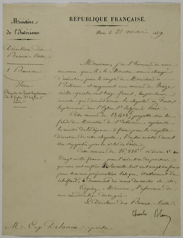 Lettre de Charles Blanc à Eugène Delacroix concernant la chapelle des Saints-Anges de l'église de Saint-Sulpice