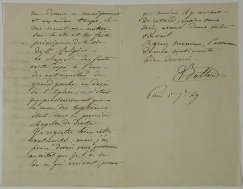 Lettre autographe signée de Victor Baltard à Eugène Delacroix, Paris, 1er sept. 1849, image 2/2