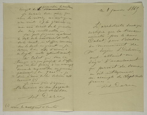 Lettre autographe signée de Darcy à A. Piron, 3 janvier 1865, image 1/2
