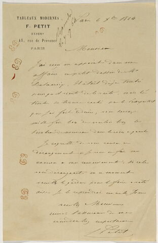 Lettre autographe signée de F. Petit datée du 6 octobre 1864