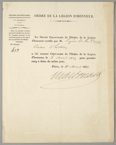 Arrêté du 11 mars 1831 nommant Eugène DELACROIX chevalier de la Légion d'honneur, image 1/1
