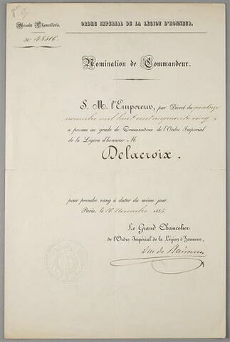 Arrêté du 16 novembre 1855 nommant Delacroix commandeur de l'Ordre impérial de la Légion d'Honneur