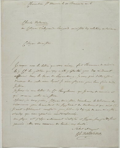 Lettre autographe signée Charles Delacroix à Charles Tellyrand, 10 brumaire au 6 (31 octobre 1797)