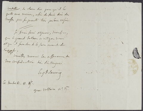 Lettre autographe signée Eug. Delacroix à M. Paillet, datée vendredi 11 novembre, 15 quai Voltaire, image 2/2