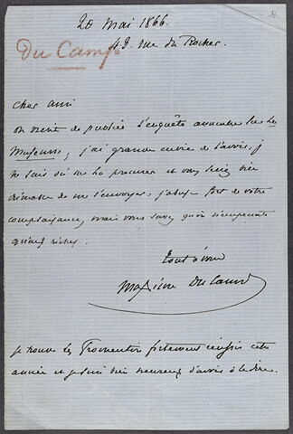 Billet autographe signée du Camp, daté 20 mi 1866, 43 rue du Rocher, image 1/1