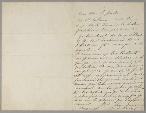 Lettre autographe signée, datée "mercredi", destinée à Emile Lassalle