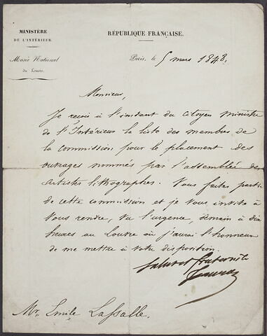 Convocation adressée à Emile Lassalle, en tête du Ministère de l'Intérieur, musée national du Louvre, signée Jeanron, du 5 mars 1848