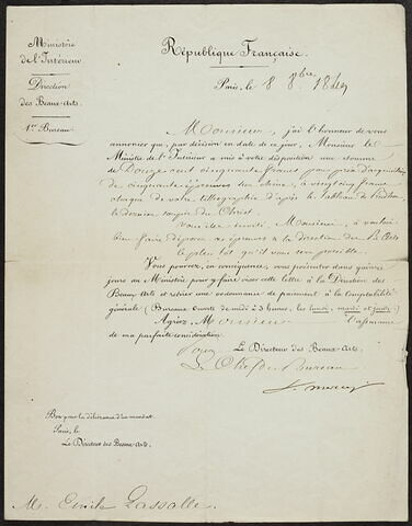 Lettre datée du 8 octobre 1849, en tête du Ministère de l'Intérieur, Direction des Beaux-Arts, 1er Bureau, lettre signée M. de Mercey, image 1/1