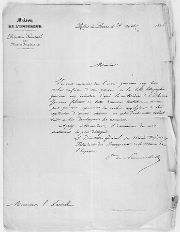 Copie d'une lettre autographe, en tête de la Maison de l'Empereur, Direction des musées Impériaux, signée du directeur du Louvre, le comte de Nieuwerkerke, 20 août 1856