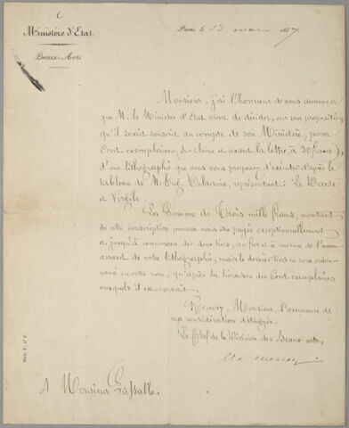 Lettre signée M. de Mercey, en tête Ministère d'Etat, Beaux Arts, datée du 13 mars 1857