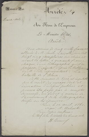 Arrêté, en tête du Ministère d'Etat Beaux Arts, daté du 12 avril 1861, signée A. Walewski, pour copie conforme : H. Courmon, image 1/1