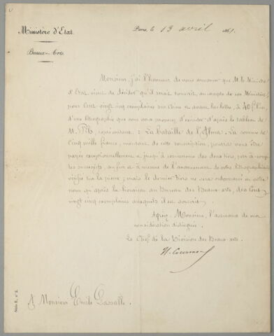 Lettre, en tête du Ministère d'Etat, Beaux Arts, signée H. Courmont et datée du 13 avril 1861
