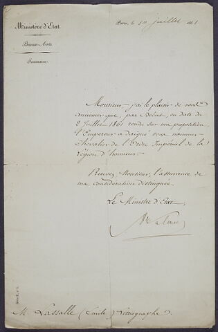 Lettre signée et datée du 10 juillet 1861, à Emile Lassalle, en tête du Ministère d'Etat, Beaux-Arts, image 1/1