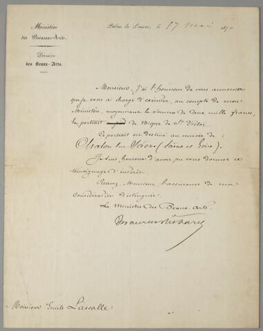 Lettre autographe signée de Maurice Richard, en tête du Ministère des Beaux-Arts, Division des Beaux-Arts, à Emile Lassalle, datée du 17 mai 1870, image 1/1