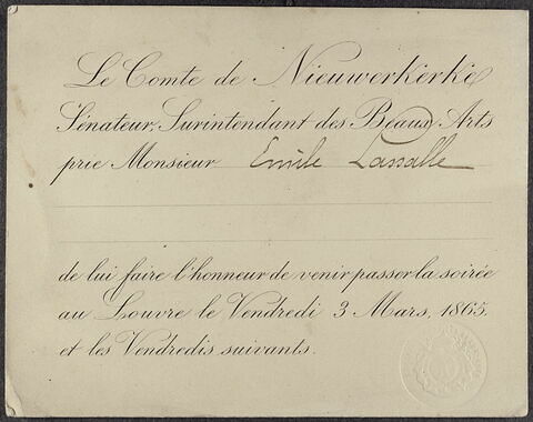 Invitation du Comte de Nieuwerkerke à Emile Lassalle