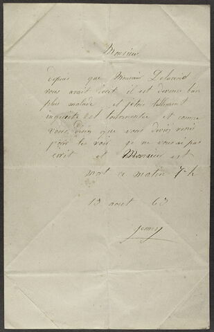 Lettre autographe signée destinée à Léon Riesener, 13 août 1863