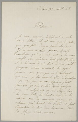Lettre autographe signée Jenny Le Guillou à Mme Léon Riesener, datée Paris 31 août 1863, image 1/2