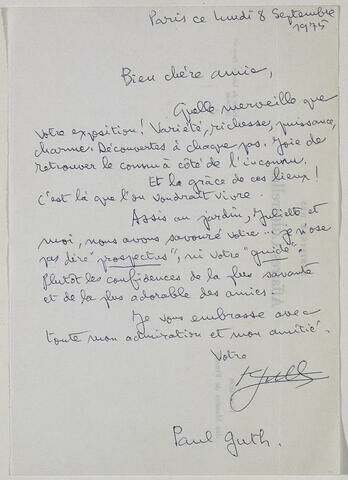 Lettre autographe signée Paul Guth à Gisèle Polaillon, 8 septembre 1975