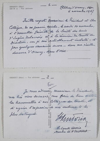 Courrier du 6 novembre 1967 du Comte Doria au président de la Société des Amis (deux cartes postales de vue aérienne du château d'Orrouy), image 2/2