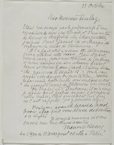 Lettre autographe signée de Maurice Denis à Maurice Sérullaz, 13 octobre + enveloppe, image 1/1