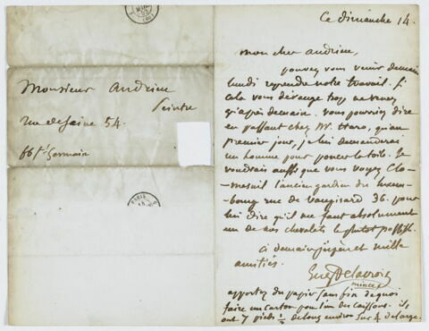 Lettre autographe signée Eugène Delacroix à Pierre Andrieu, "ce dimanche 14"