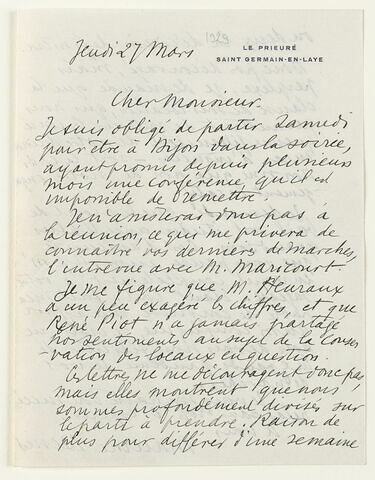Lettre autographe signée Maurice Denis à André Joubin, Le Prieuré Saint-Germain-en-Laye, 27 mars, image 1/2