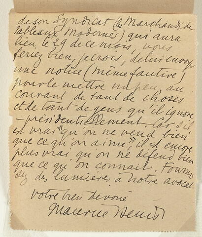 Lettre autographe signée Maurice Denis à André Joubin, 23 janvier